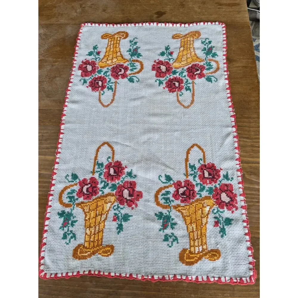 Vintage Hand Embroidered Table Topper 26 X 17 With Baskets of Flowers